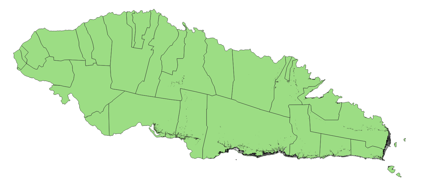 A zoomed out map of the island of Upolu electoral constituencies. Barely visible on the south-east coast are building outlines and the tsunami hazard.